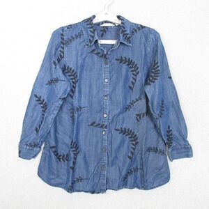 Soft Surroundings Shirt Womens PS Denim Embroidered Button Front Tunic Blue